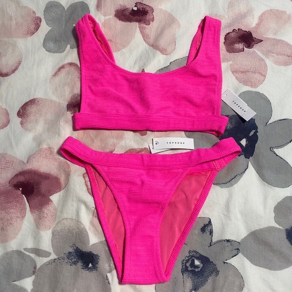 Topshop Ribbed Hot Pink Neon Summer Beachy Bikini Size 4 - Picture 2 of 5